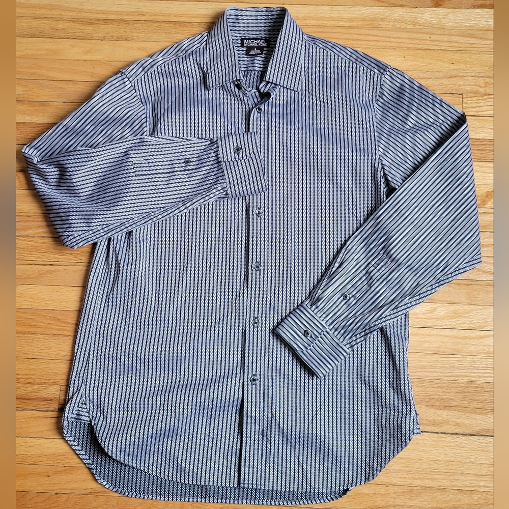 Michael Kors Classic Fit Striped Cotton Dress Shirt Navy, White Size Small